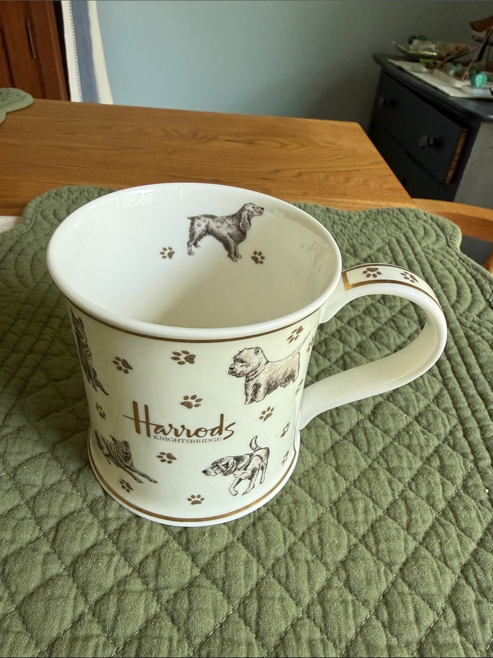 Harrods Cream and Gold Dog Pattern Ceramic Mug